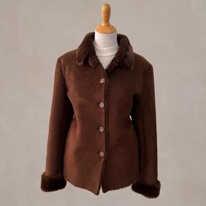Coaco New York 90s Womens Faux Suede Shearling Jacket Brown Faux Fur Trim M